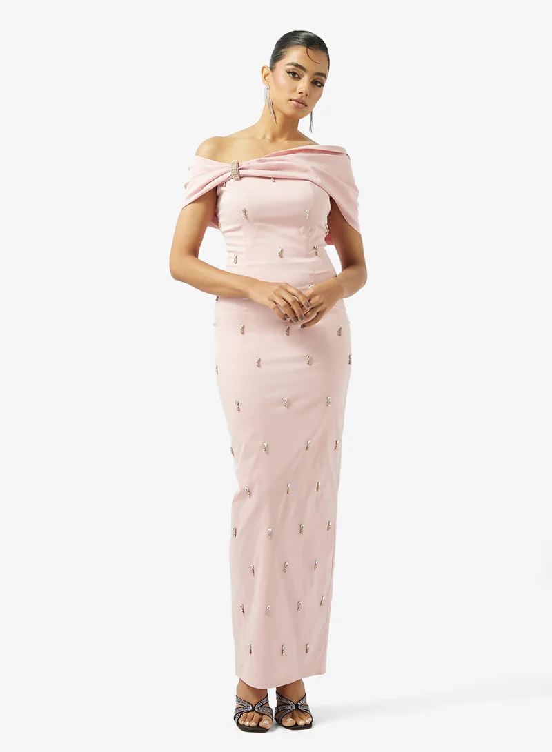 Akadia Fashion OFF SHOULDER SCATTERED CRYSTALS TAFFETA DRESS